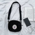 Bolso bandolera de lona negra con bordado de dibujos y correa ancha ajustable - Negro