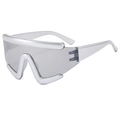 Futuristic silver oversized shield sunglasses with grey lenses shown at a 45-degree angle - Silver Frame Silver Lens