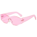 Pink rimless wrap-around sunglasses with wavy lens edges and futuristic aesthetic - Pink Frame / Pink Lens