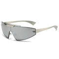 Futuristic silver wrap-around visor sunglasses with a metallic frame on white background - Silver Frame Silver Mirror Lens