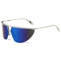 Futuristic silver metal semi-rimless sunglasses with blue mirror lenses and shield design - Silver Frame Dark Blue Lens
