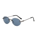Retro rimless oval sunglasses with blue lenses and gothic silver metal carved temples - Dark Blue