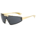 Futuristische goldene Metall-Sonnenbrille mit grauen übergroßen Mono-Gläsern - Goldrahmen Schwarzgrau