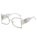 Modern white and silver semi-round metal frame sunglasses with wide branded temples - Silver Frame White Temples