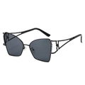 Zwarte cat-eye zonnebril met strass steentjes en geometrische holle metalen poten - Zwart Frame Zwart Grijze Glazen