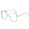 Modern oversized silver metal polygonal sunglasses with intricate hollow lattice design - Silvery Frame (Clear)