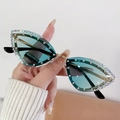 Chic rimless cat-eye sunglasses with green lenses and sparkling rhinestone details - Double Green Gradient (JG139)