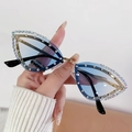 Cat eye rimless sunglasses with blue gradient lenses and rhinestone-encrusted metal frame - Double Blue Gradient (JT217)