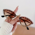 Cat-eye rimless sunglasses with gold metal frame, brown gradient lenses and crystal trim - Double Brown Gradient