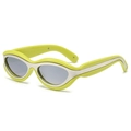 Retro cat-eye sunglasses with neon green frame and silver metal accents on white background - Green Frame Mirror Lens