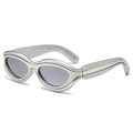 Futuristic matte silver cat-eye sunglasses with wavy frame and light grey lenses - Silver Frame Silver Mirror Lens