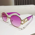 Retro oval sunglasses with golden metal frame and purple gradient lenses for fashion style - Golden Frame Transparent Purple Temple Gradient Purple Lens