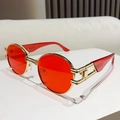 Retro oval sunglasses with red lenses and golden hollow metal frame for stylish street wear - Golden Frame Transparent Red Temple Bright Red Lens