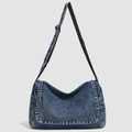 Sac messager en denim bleu foncé avec bandoulière réglable et texture délavée vintage - Bleu