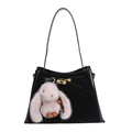 Black bucket handbag with matte leather, gold lock, and grey bunny plush charm - With Pendant / Suede Black