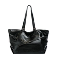 Retro black leather tote bag with wide trapezoid shape and golden buckle detail - Black