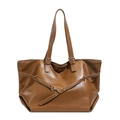 Vintage brown large capacity faux leather tote bag with metallic buckle and shoulder straps - Brown