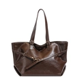 Large capacity vintage dark brown tote bag with glossy leather texture and gold hardware - Coffee