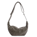 Dark grey leather croissant bag with white contrast stitching and adjustable shoulder strap - Green
