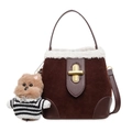 Brown suede bucket bag with white faux fur trim and a cute puppy plush pendant - No Pendant / Coffee