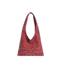 Burgundy hobo shoulder bag in matte suede with silver studs and wide strap detail - Red