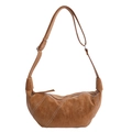 Brown leather crescent crossbody bag with white contrast stitching and adjustable strap - Brown