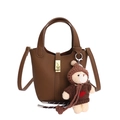 Brown litchi grain bucket bag with gold lock and cute plush bear charm - With Pendant / Brown