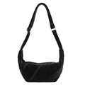 Black suede crescent hobo bag with white stitching and adjustable strap - Black
