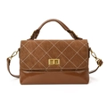 Sac à main en cuir marron avec surpiqûres en losanges, fermoir doré et bandoulière - Marron Jaune