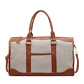 Large canvas tote bag with brown leather trim and shoulder strap on white background - Off White