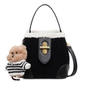 Black suede bucket bag with white shearling trim and cute plush puppy keychain - No Pendant / Black