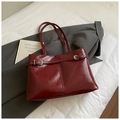 Sac cabas bordeaux en cuir ciré brillant avec sangle décorative et grande capacité - Rouge Vin Sans Pendentif