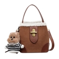 Brown faux suede bucket bag with white fleece trim and cute dog charm attachment - No Pendant / Brown