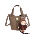 Brown bucket bag in pebbled leather with a cute bear charm and metal buckle closure - With Pendant / Elephant Gray