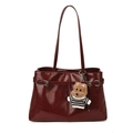 Sac fourre-tout plissé rouge foncé en cuir brillant avec pendentif chiot mignon - Avec Pendentif / Bordeaux