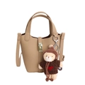 Light brown pebble leather bucket bag with top handles and plush bear charm - With Pendant / Light Khaki
