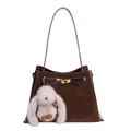 Vintage brown suede bucket bag with gold clasp and cute plush rabbit charm accessory - With Pendant / Suede Coffee