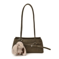 Vintage olive green shoulder bag with matte texture and decorative rabbit charm - With Pendant / Green