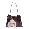 Chocolate brown faux leather bucket bag with gold clasp and plush rabbit charm - With Pendant / Oil Waxed Brown