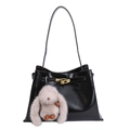 Elegant black matte bucket bag with gold hardware and a cute grey plush rabbit charm - With Pendant / Oil Waxed Black