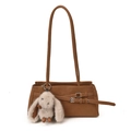 Caramel brown vintage shoulder bag with slim straps and a cute rabbit pendant accessory - With Pendant / Brown