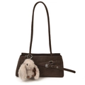 Retro dark brown crossbody bag in matte finish with a cute plush bunny charm - With Pendant / Brown