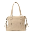 Elegant cream beige tote bag with metallic rivet accents and large silver rings - White