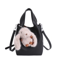 Black pebbled leather bucket bag with a cute light brown plush bunny charm attachment - With Pendant / Black
