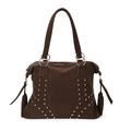 Deep brown studded tote bag with vintage matte leather finish and silver rivet details - Coffee