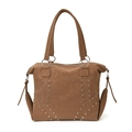 Brown leather tote bag with silver rivet details and long handles for women - Tan