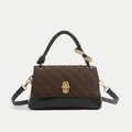 Women quilted shoulder crossbody bag elegant brown black contrast baguette handbag everyday use - Coffee