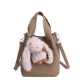 Brown litchi grain bucket bag with cute plush rabbit charm and crossbody strap - With Pendant / Elephant Gray
