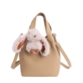 Minimalist light beige bucket bag in pebbled leather with a cute gray bunny pendant - With Pendant / Khaki