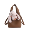 Brown litchi grain bucket bag with cute plush rabbit charm and crossbody strap - With Pendant / Brown